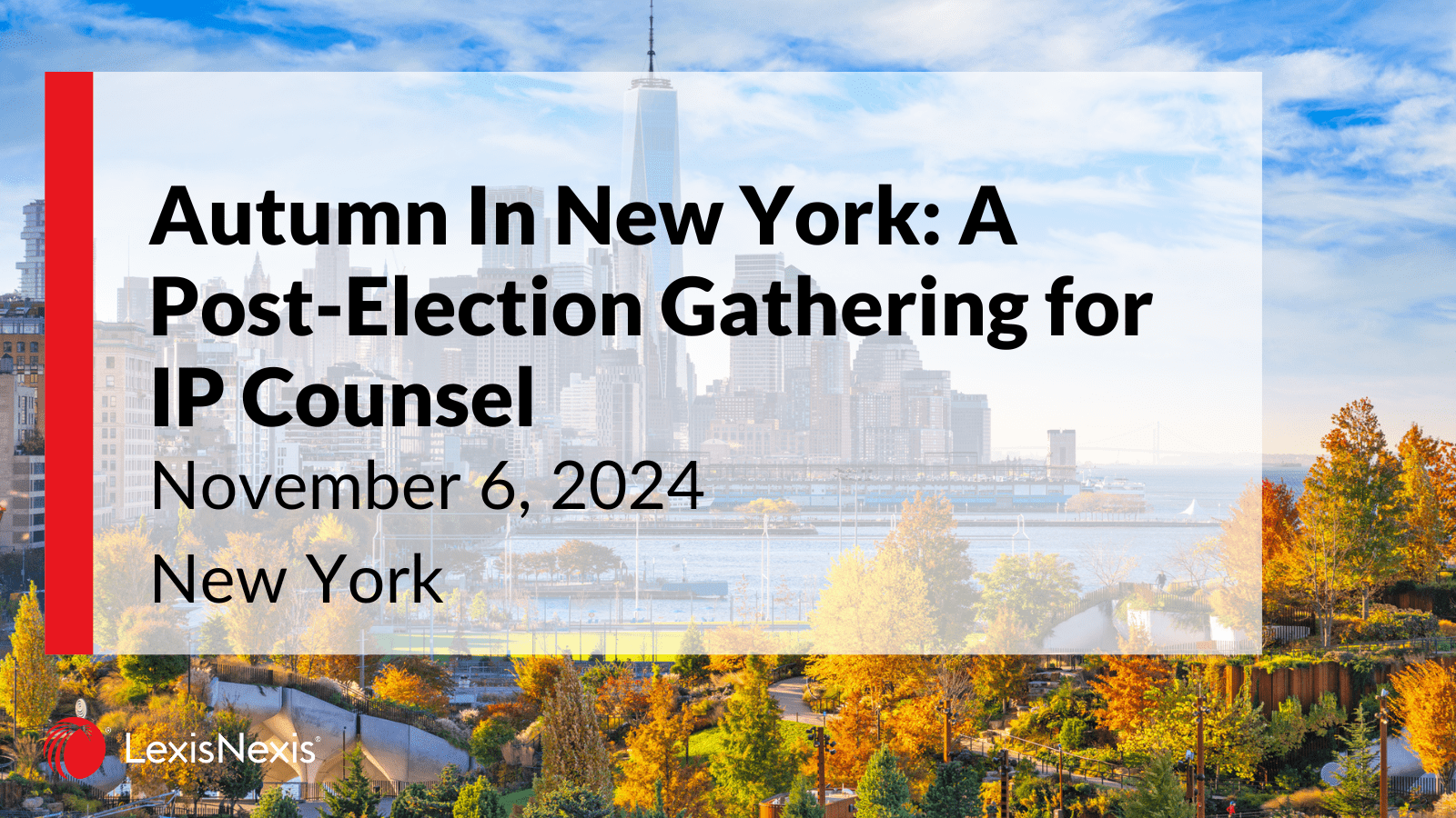 IP Counsel Café event details against a backdrop of NYC in the autumn