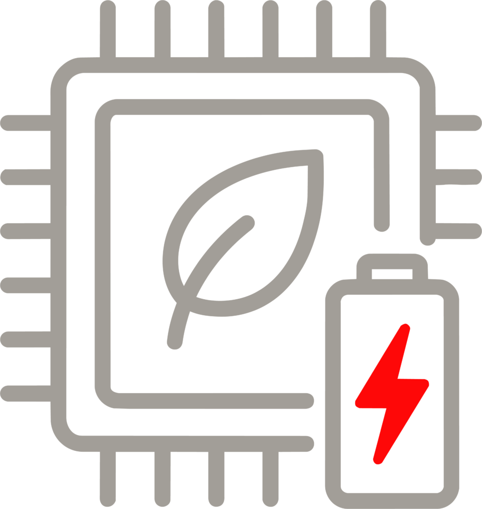 Icon of a chip with a leaf and battery symbol, representing Low Power Double Data Rate (LPDDR) memory.