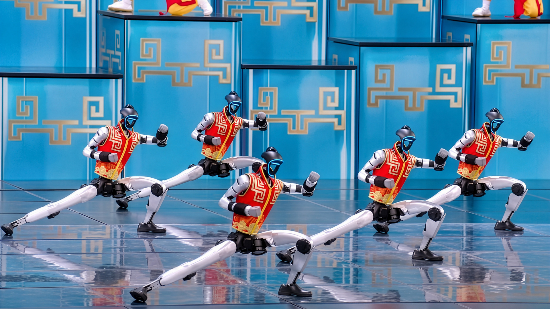 Row of humanoid robots raising their arms in unison, representing the rapid growth in humanoid robotics innovation covered in this patent data analysis