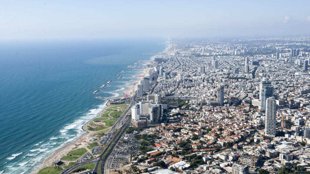 Aerial view of coastline and city, Tel Aviv, Israel