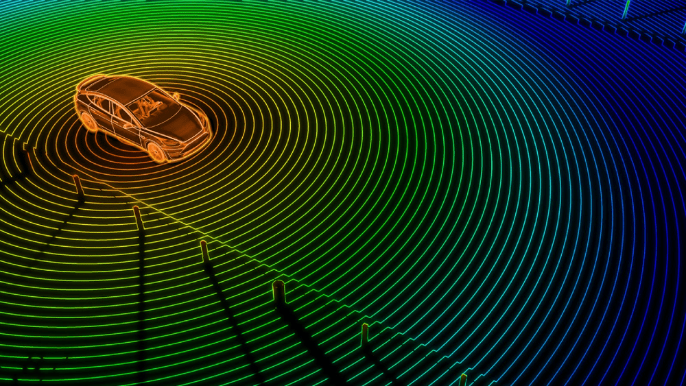 Graphic of a car on a green radial, representing lidar technology