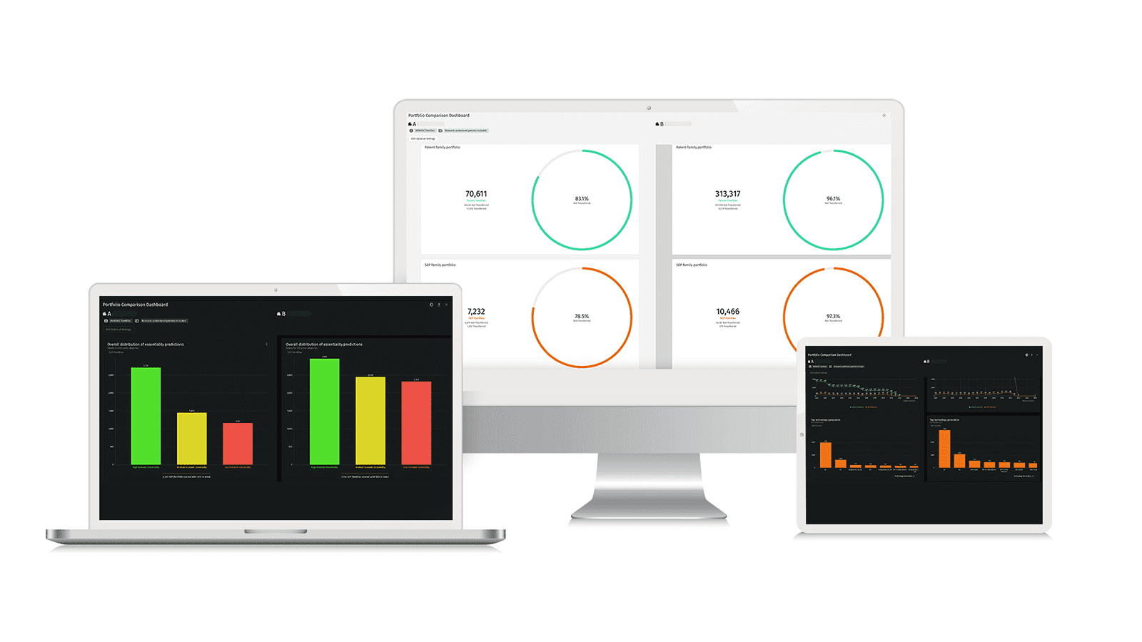 Product illustration, showing three sample screens of the Dashboard Hub from LexisNexis® IPlytics