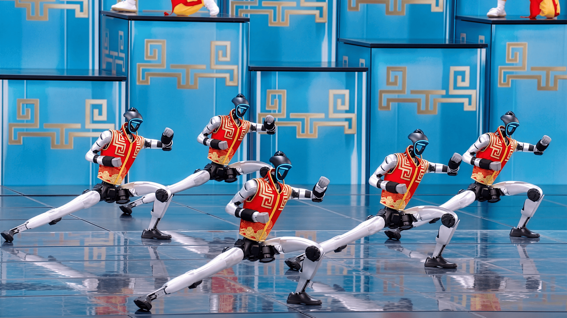 Row of humanoid robots raising their arms in unison, representing the rapid growth in humanoid robotics innovation covered in this patent data analysis